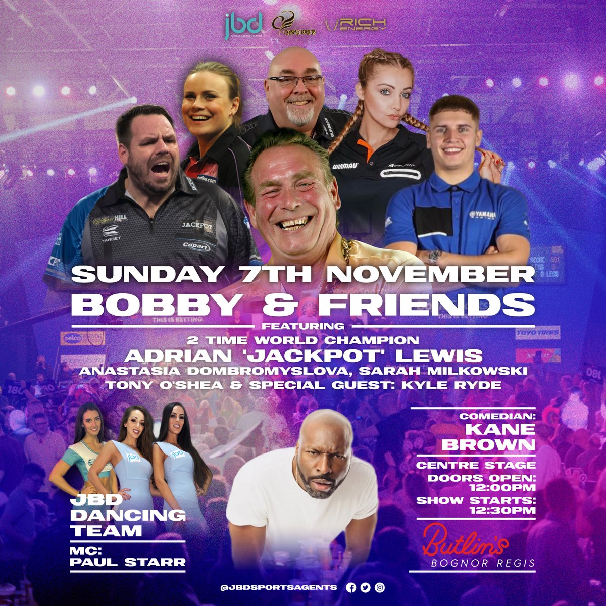 jbdsportsagents's tweet photo. There is a ANOTHER new addition to our show on Sunday at @Butlins, we have Tony O'Shea joining up with an amazing line up! 🎯
Who's excited for some darts with a laugh on Sunday? 🤩
@jackpot180 @BobbyGeorge180 @jessharding1 @SarahMilkowska @anastasiadarts @kyleryde @jessharding1 https://t.co/zmF8inZCIW