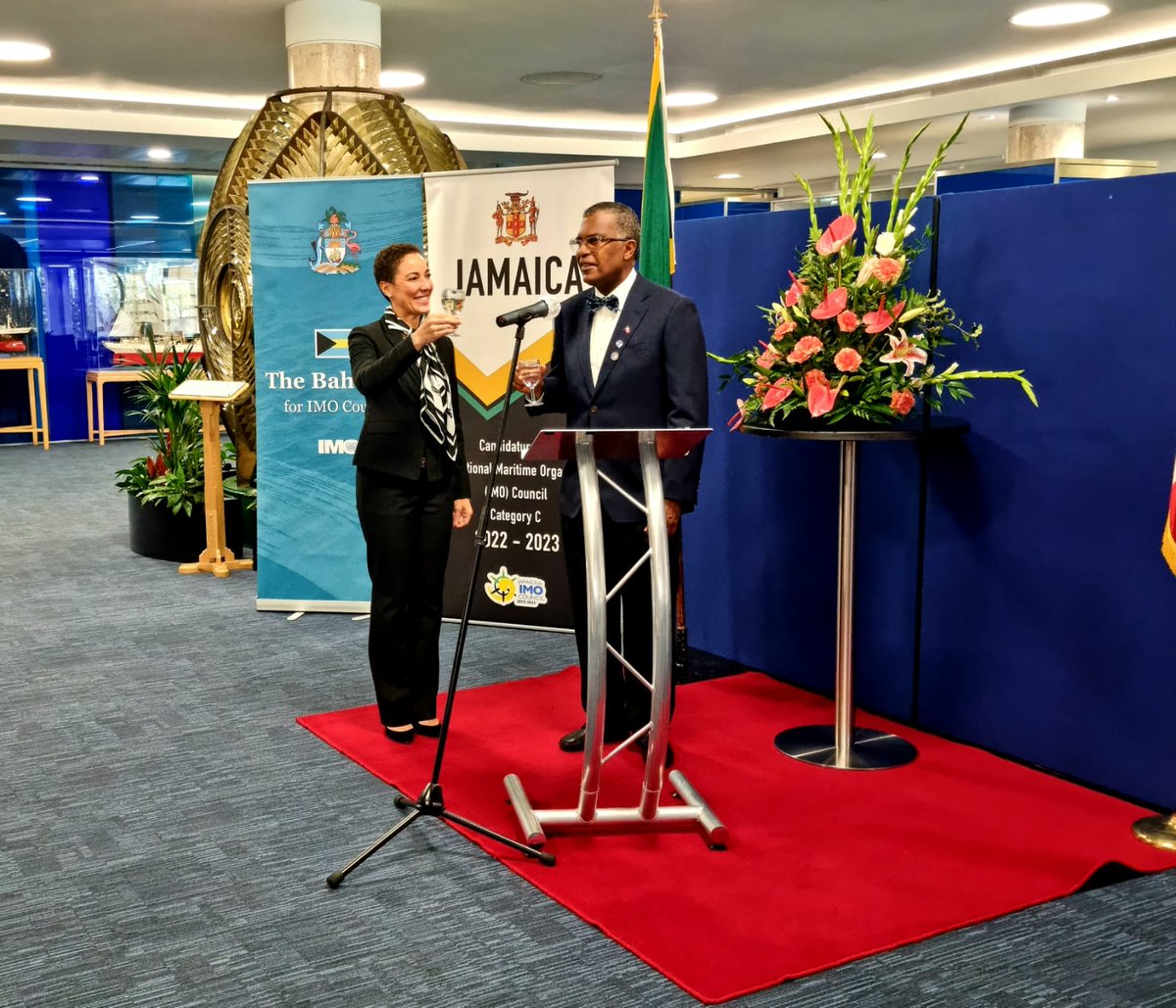 MOFABahamas's tweet photo. (1/2) Joint reception hosted by Foreign Ministers of The Bahamas and Jamaica in support of the candidatures of both countries for re-election to the Council of the International Maritime Organization (IMO), London, 29 October 2021. https://t.co/Jcd2RSYppQ