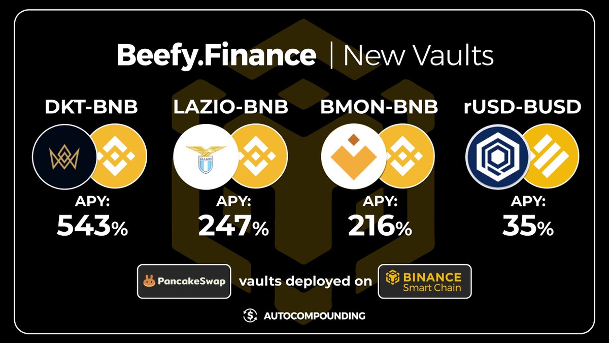 beefyfinance's tweet photo. New Vaults!

@DuelistKing
🥞 $DKT - $BNB LP: 543% APY
https://t.co/Wl3PAfXnXd

@OfficialSSLazio
🥞 $LAZIO - $BNB LP: 247% APY
https://t.co/u95sfKVCT0

@binamonok
🥞 $BMON - $BNB LP: 216% APY
https://t.co/tYhgvKntYt

@RampDefi
🥞 $rUSD - $BUSD LP: 35% APY
https://t.co/KXGRVRz2wW https://t.co/meoHUI81GP