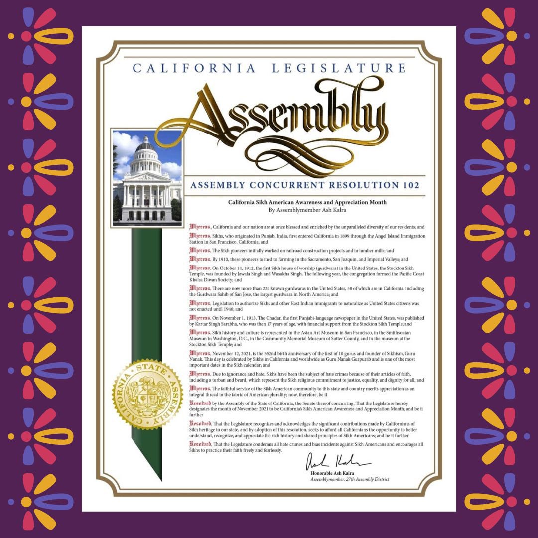 Ash_Kalra's tweet photo. For the 5th year, honored to introduce a State Assembly Resolution recognizing November as Sikh American Awareness &amp; Appreciation Month! #ACR102 https://t.co/XYWYb1Zjcm
