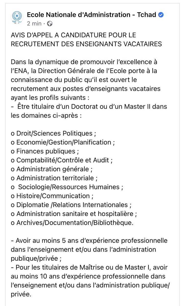 Ena_Tchad's tweet image. AVIS D’APPEL À CANDIDATURE POUR LE RECRUTEMENT DES ENSEIGNANTS VACATAIRES 
#Ena #Tchad