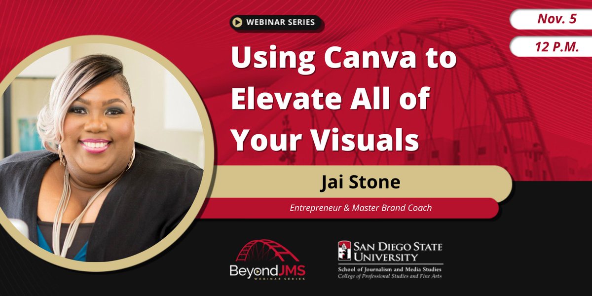TempleNorthup's tweet photo. I am so excited to welcome @JaiStone to @SDSU_JMS #BeyondJMS webinar on Friday @ 12PM PST. I just talked to her and you all are in for something special when she talks about design basics, branding, &amp; how @canva can take you there. RSVP for free here: https://t.co/SFiDfeWgJz https://t.co/NZovUrfWYl