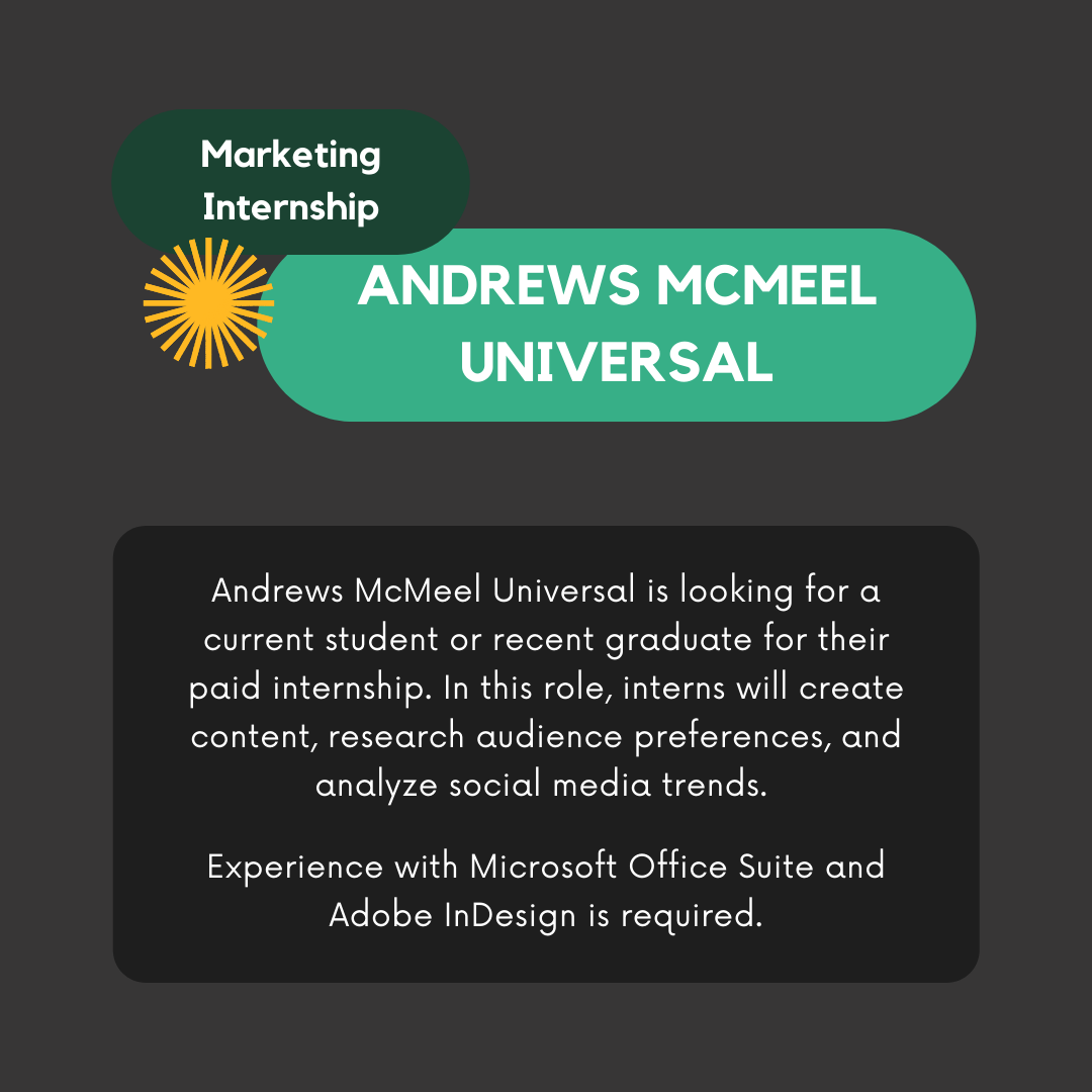 tsucommintern's tweet photo. Andrews McMeel Universal is looking for a current student or recent graduate for their paid marketing internship.
☀️ 
https://t.co/kbhKufKyas https://t.co/GbCx7EaMsv