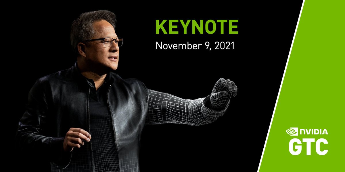 nvidia's tweet photo. What will Jensen Huang's @NVIDIAGTC keynote reveal? Be sure to tune in on November 9: https://t.co/HnmgEpplB1 #GTC21 https://t.co/77kLhNQme8