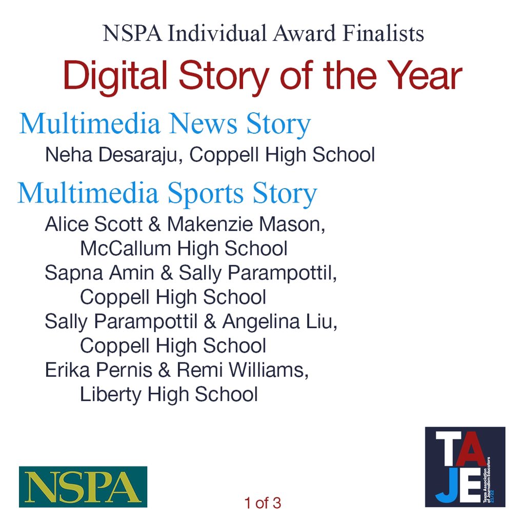 TxAJE's tweet image. Congratulations to all of the Texas students who have been named finalists in the @NSPA Digital Story of the Year categories. #TexasStrong