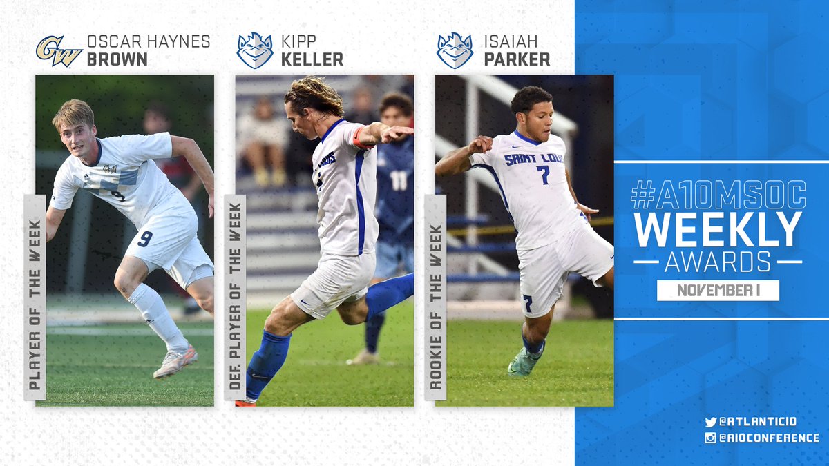 The FINAL #A10MSOC weekly awards featured a four-goal scorer out of GW along w/ a pair from SLU...check them out here:

Player: Oscar Haynes Brown, <a href="/GWMensSoccer/">GW Men's Soccer</a>

Def. Player: Kipp Keller, <a href="/SLUMensSoccer/">SLU Men's Soccer</a>

Rookie: Isaiah Parker, <a href="/SLUMensSoccer/">SLU Men's Soccer</a>

📰: bit.ly/3BB8IKP