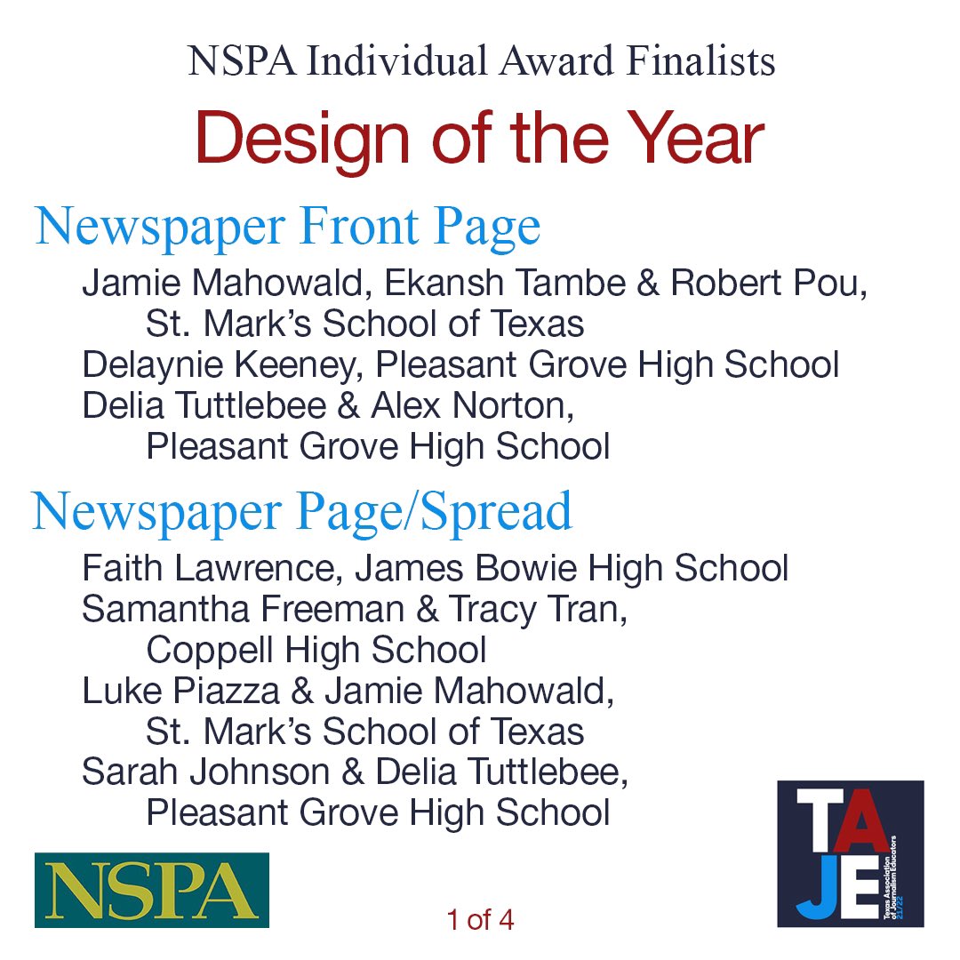TxAJE's tweet image. Congratulations to all of the Texas students who have been named finalists in the @NSPA Design of the Year categories. #TexasStrong