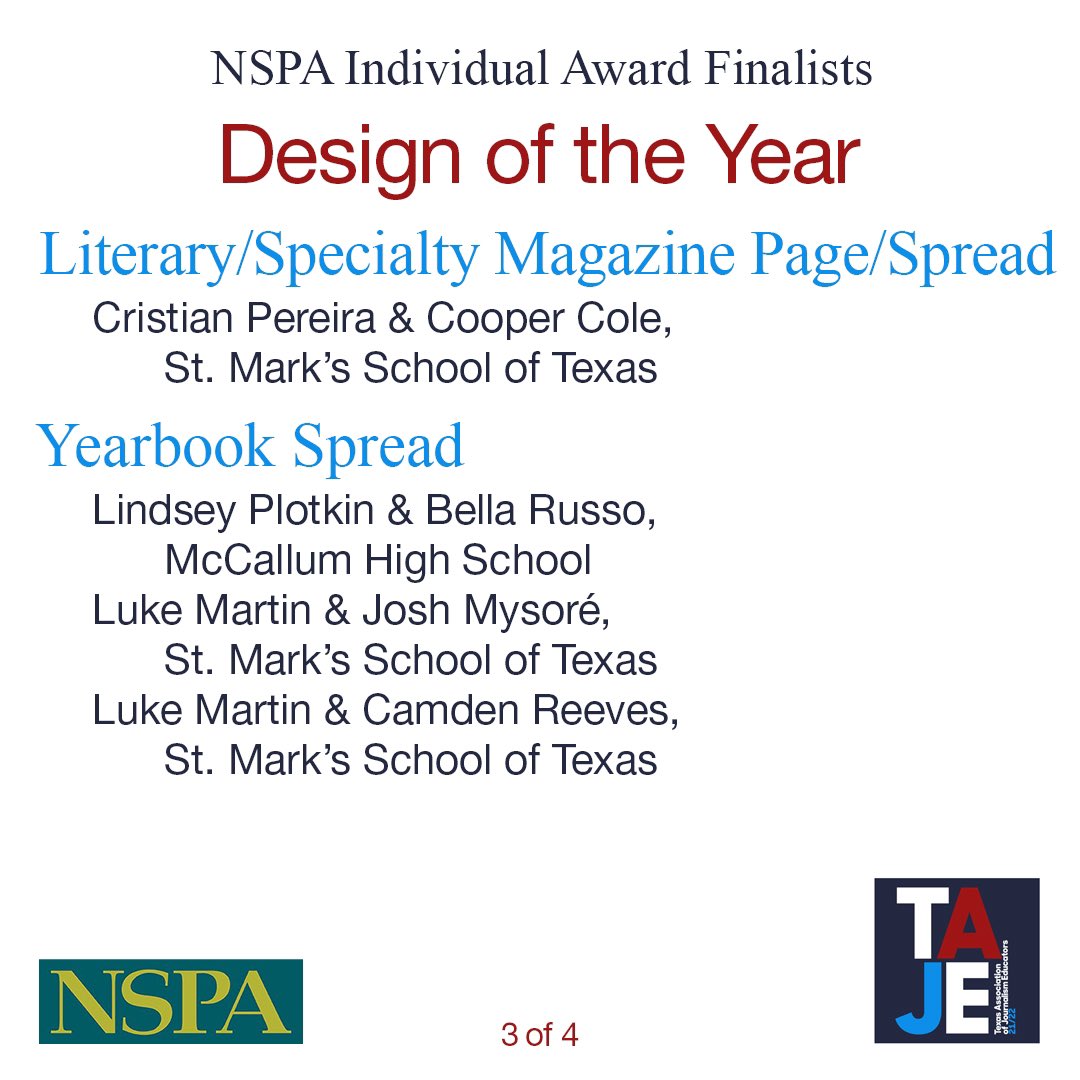 TxAJE's tweet image. Congratulations to all of the Texas students who have been named finalists in the @NSPA Design of the Year categories. #TexasStrong