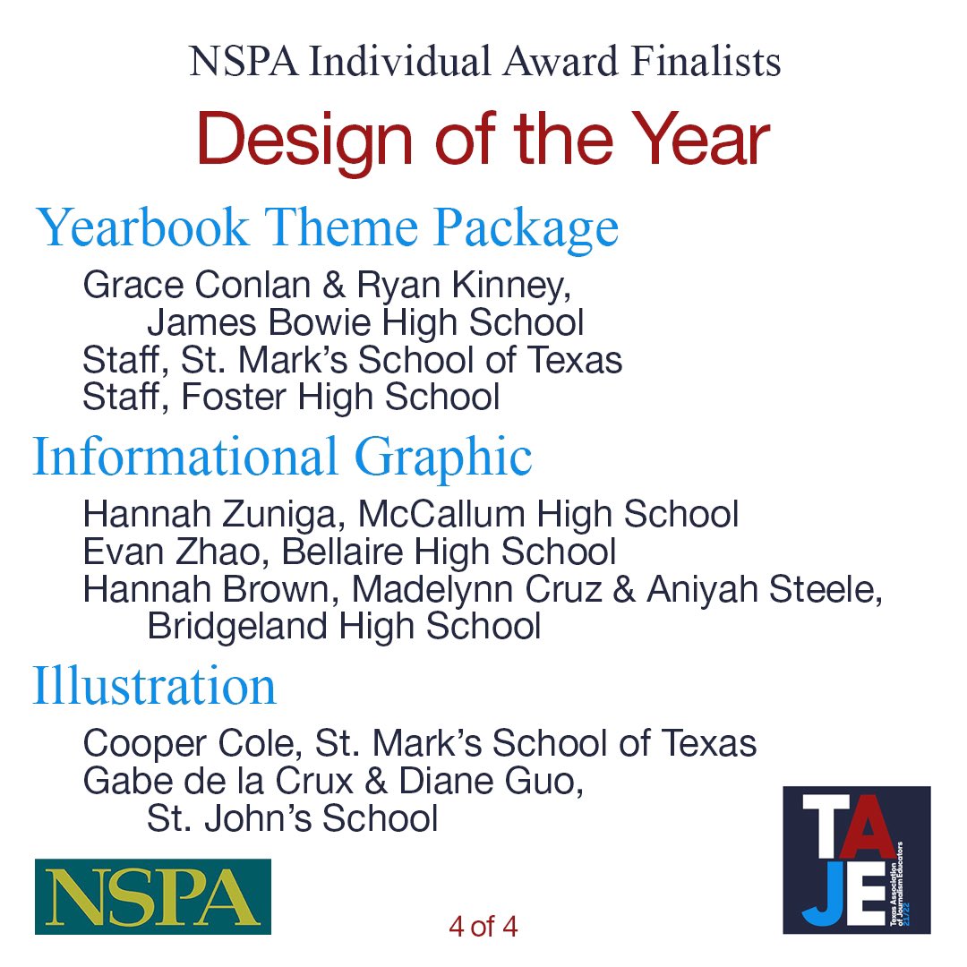 TxAJE's tweet image. Congratulations to all of the Texas students who have been named finalists in the @NSPA Design of the Year categories. #TexasStrong