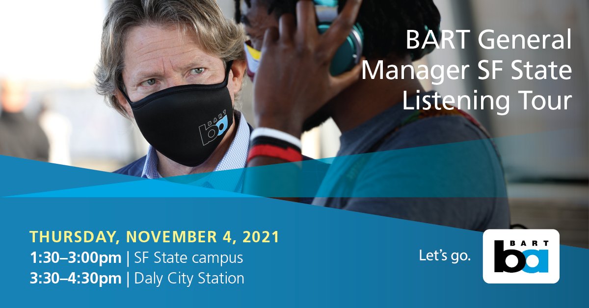 SFBART's tweet photo. .@SFSU Gators! BART GM Bob Powers will be at your campus &amp; Daly City Station on Thursday, 11/4 to learn more about your transit needs.

Students are a big part of BART's ridership recovery, and SFSU leads the way with Gator Pass which provides 50% off BART rides to/from Daly City https://t.co/rlgVQDdbeh