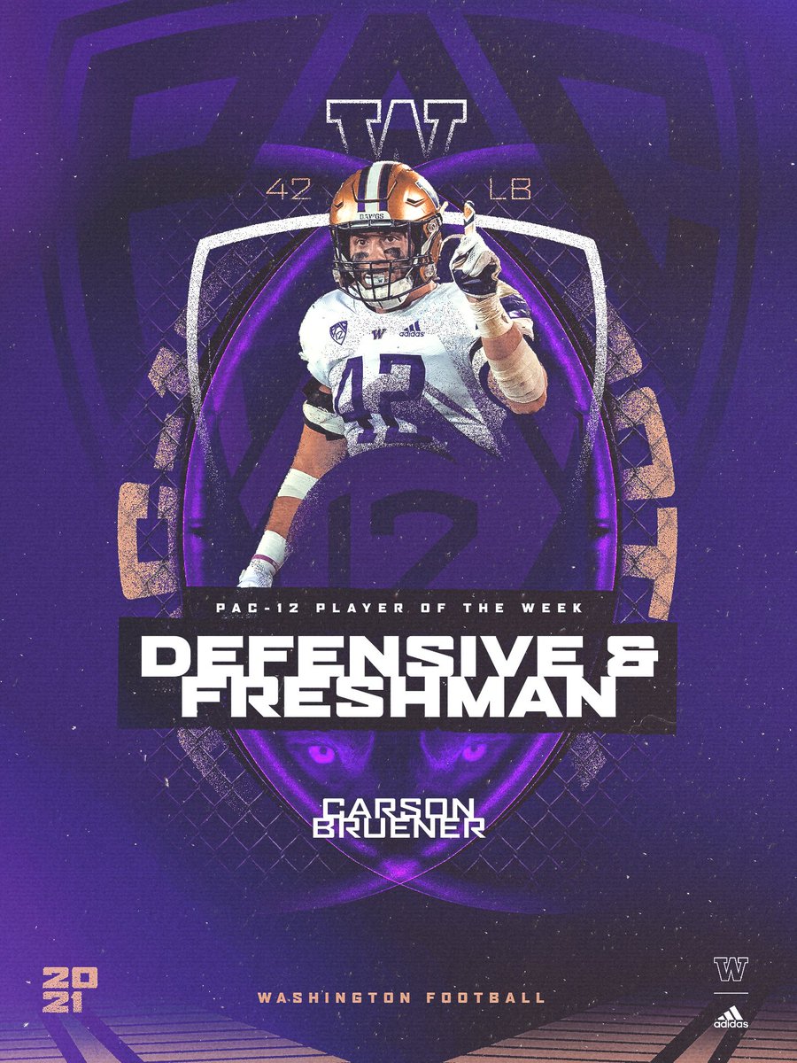Made a statement 💯

<a href="/BruenerCarson/">Carson Bruener</a> has been named the Pac-12 Defensive Player and Freshman of the Week.

#BowDown x #PurpleReign