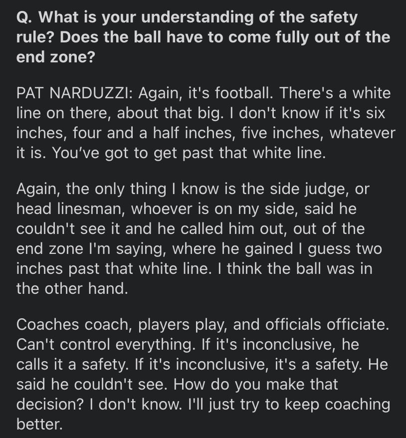 AmandaFGodsey's tweet photo. This was Pat Narduzzi’s response about the not safety in the Pitt-Miami game. 

Takeaway: the official said he couldn't see, but ruled the ball was out of the end zone. https://t.co/DNJSFvONmd