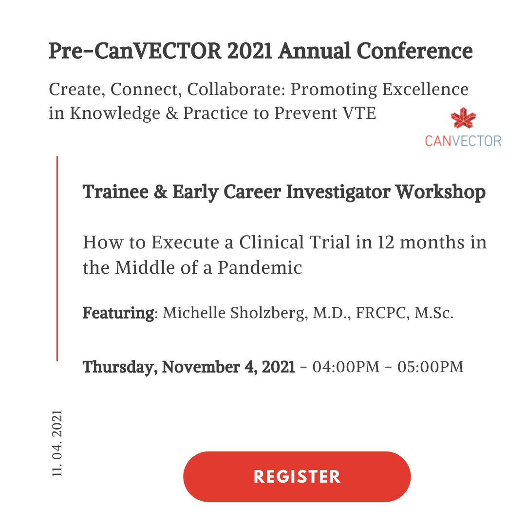 canvector's tweet photo. To kick off our 2021 Annual Conference this week, we're hosting a free workshop for #thrombosis trainees & early career investigators on Nov 4 focusing on "Conducting a Clinical Trial in 12 months during a Pandemic"
Featuring @sholzberg !
Register: https://t.co/HngsfF8spV https://t.co/3brWR2IBGD
