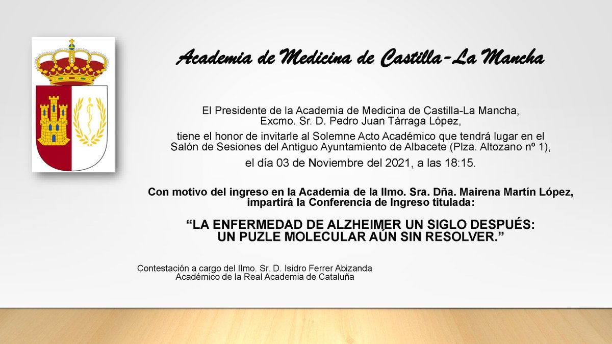 JLAlbasanz's tweet photo. Mairena Martín leerá su discurso de ingreso en la Academia de Medicina de Castilla-La Mancha el 3 de noviembre, un día de celebración  @CR_Enfermeria @MedicinaCR_UCLM @FCTQ_uclm @cribuclm @uclm_es @GardeJulian https://t.co/ZWKpbxgK0H