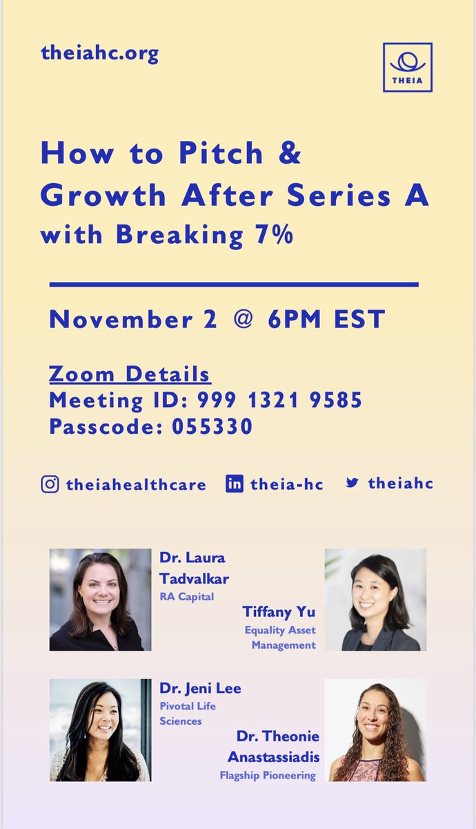 theiahc's tweet photo. Excited for our event tomorrow with #Breaking7 to discuss pitching 🗣 your mission and growing post Series A in #biotech and #digitalhealth. Join us for an exciting discussion with experts from RA Capital, @EqualityAsset, Pivotal Life Sciences, and @FlagshipPioneer. 💸 🧬📈 https://t.co/cs46ADxTmb