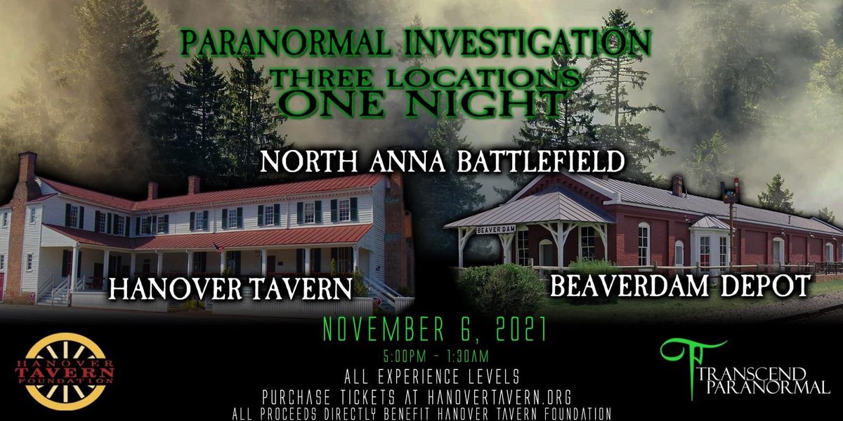 TranscendParano's tweet image. Not ready for spooky season to be over? Come join us on an investigation of North Anna Battlefield, the Beaverdam Depot then end at Hanover Tavern, Hanover Courthouse and the Old Stone Jail. Link in bio