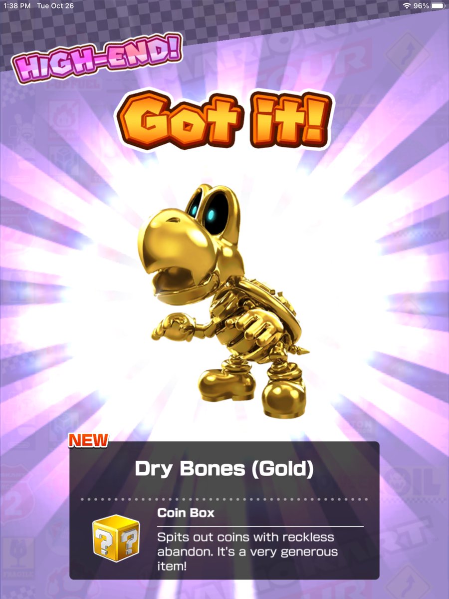 TomandLaurieLee's tweet photo. Receiving #GoldDryBones was a very nice surprise in the #MarioPipe 
He wins once again in our first race with him in #shyguybazaar #MarioKartTour https://t.co/SNXjBFtPIl