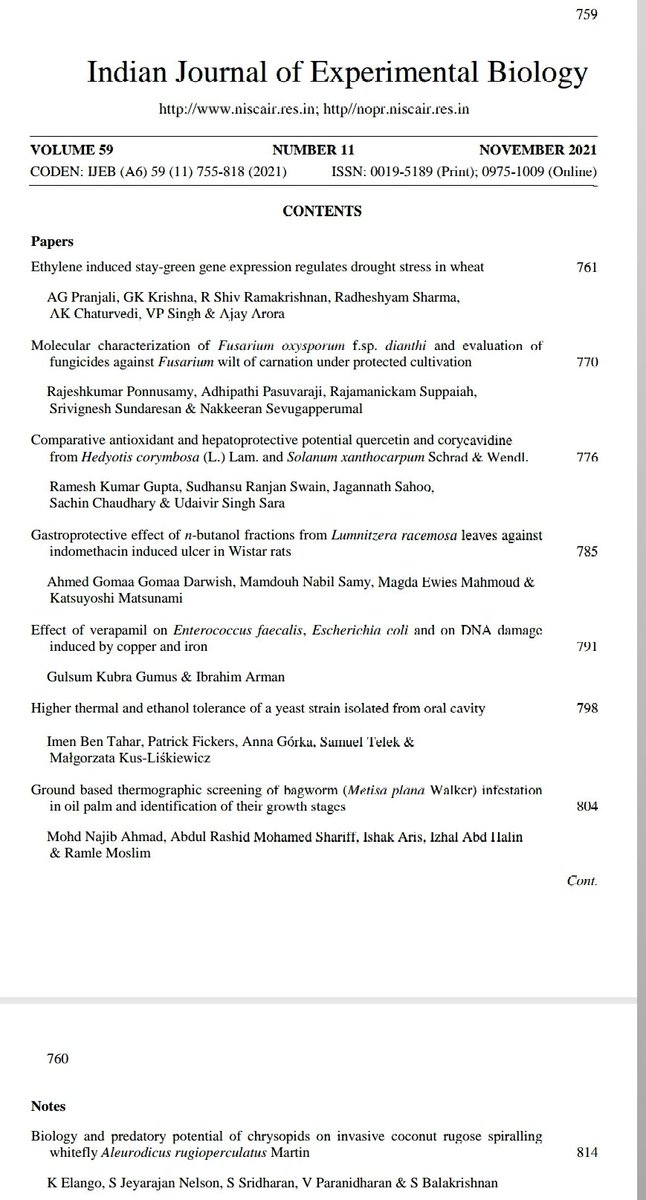 somu1964's tweet image. Nov.2021 issue of Indian Journal of Experimental Biology (IJEB) is now available in @OAIndia through #NOPR  @CSIR_NISCAIR. Has 8 interesting articles on thermotolerant yeast strain oral cavity, TIR camera for measuring bagworm infestation in coconut palm, etc.
@CSIR_IND
@Scopus