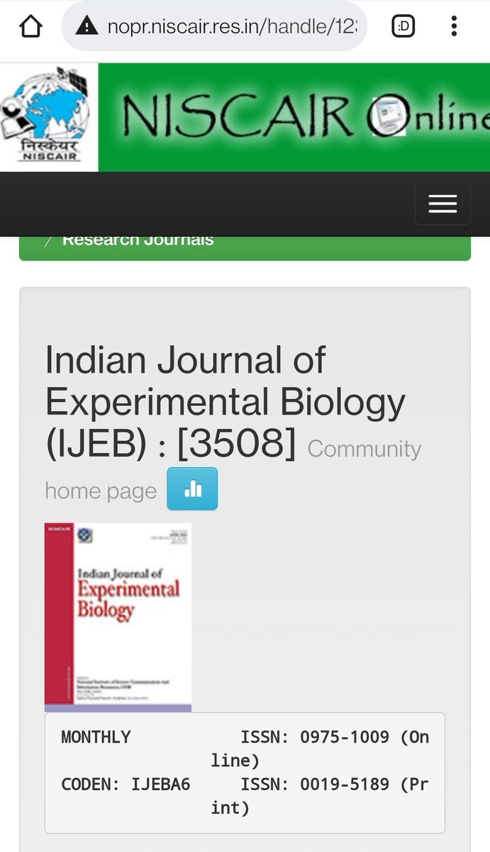 somu1964's tweet image. Nov.2021 issue of Indian Journal of Experimental Biology (IJEB) is now available in @OAIndia through #NOPR  @CSIR_NISCAIR. Has 8 interesting articles on thermotolerant yeast strain oral cavity, TIR camera for measuring bagworm infestation in coconut palm, etc.
@CSIR_IND
@Scopus