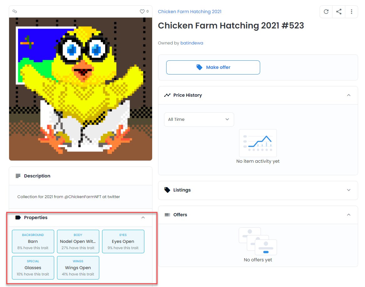 ChickenFarmNFT's tweet photo. Steps, how to research "Rare Items":

Step 1: Find Categories with the least ammount, example "Glasses" and "Barn". Oh only 6 with this!

Step 2: Oh Eyes Left is not available at all, so only Eyes open.

Step 3: Check Properties

Step 4: Make offer 
#nftcollectors #NFTCommmunity https://t.co/cGPdtxJhJp