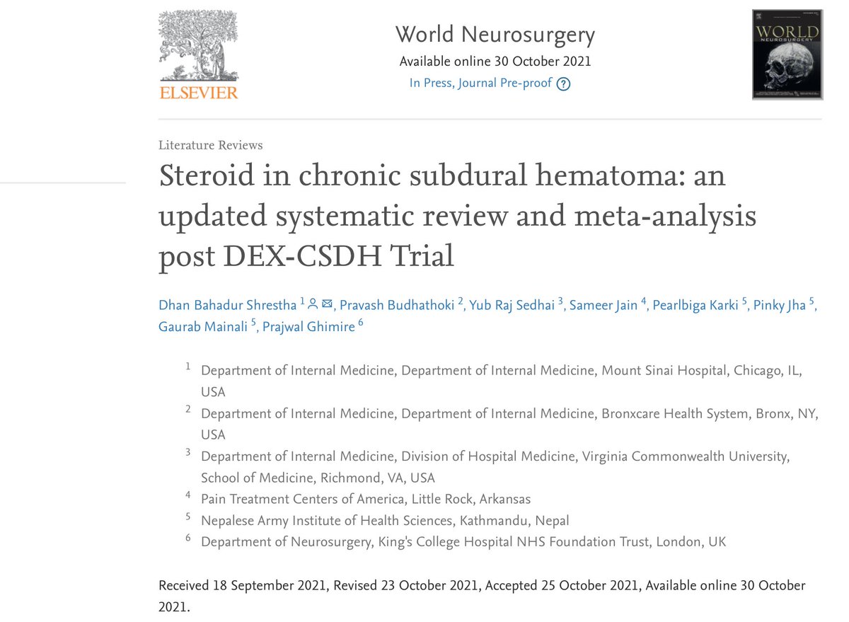 PrazNeuro's tweet photo. We have now published the updated systematic review and meta-analysis post Dex-CSDH Trial for steroids use in chronic subdural hematoma in @WorldNeurosurg. 

https://t.co/OkBVOHDNNZ

🦾Dhan B Shrestha @YubSedhai @GaurabMainali @PinkyJha88 #Neurosurgery https://t.co/KRLTYfRrNK