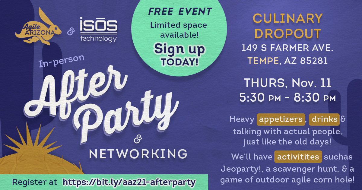 PerryReinert's tweet photo. Agile Arizona gets social!!  It's true, we're having an in-person get together - check it out https://t.co/8utfaFLtbE.  If you're not already registered for the conference, register here https://t.co/Vtrn2UVZ7R. https://t.co/qlIIisnZtO