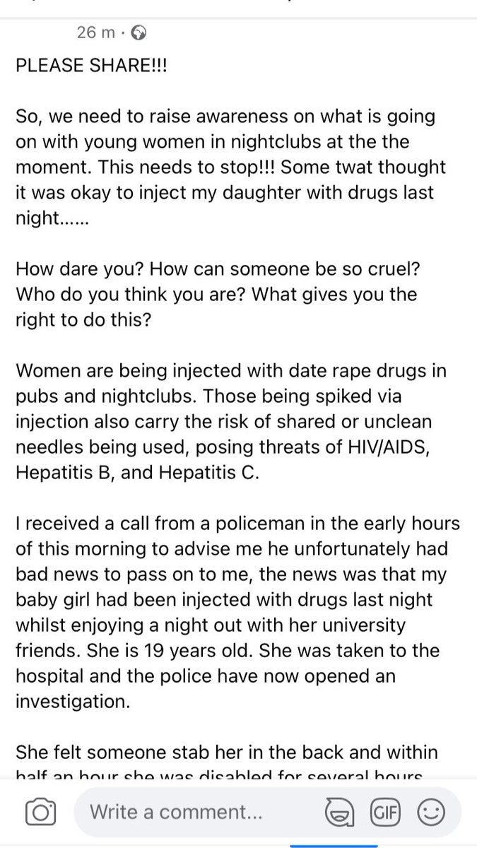 ashleighlew_'s tweet photo. My 19-year old cousin was spiked with an injection in Sheffield last night. This has to stop, this isn’t ok!!!!!!!! I don’t know how people could be so cruel, what have they achieved by doing this? Please share / retweet to raise awareness of what’s going on!!! https://t.co/QXa7B9xUN5