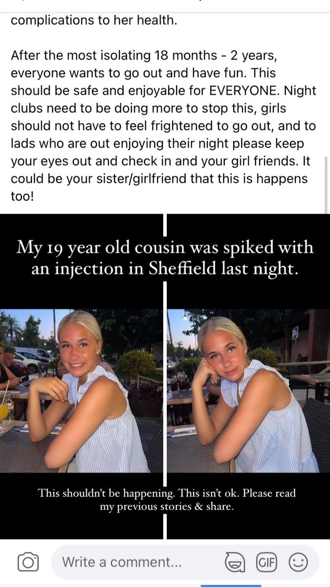 ashleighlew_'s tweet photo. My 19-year old cousin was spiked with an injection in Sheffield last night. This has to stop, this isn’t ok!!!!!!!! I don’t know how people could be so cruel, what have they achieved by doing this? Please share / retweet to raise awareness of what’s going on!!! https://t.co/QXa7B9xUN5