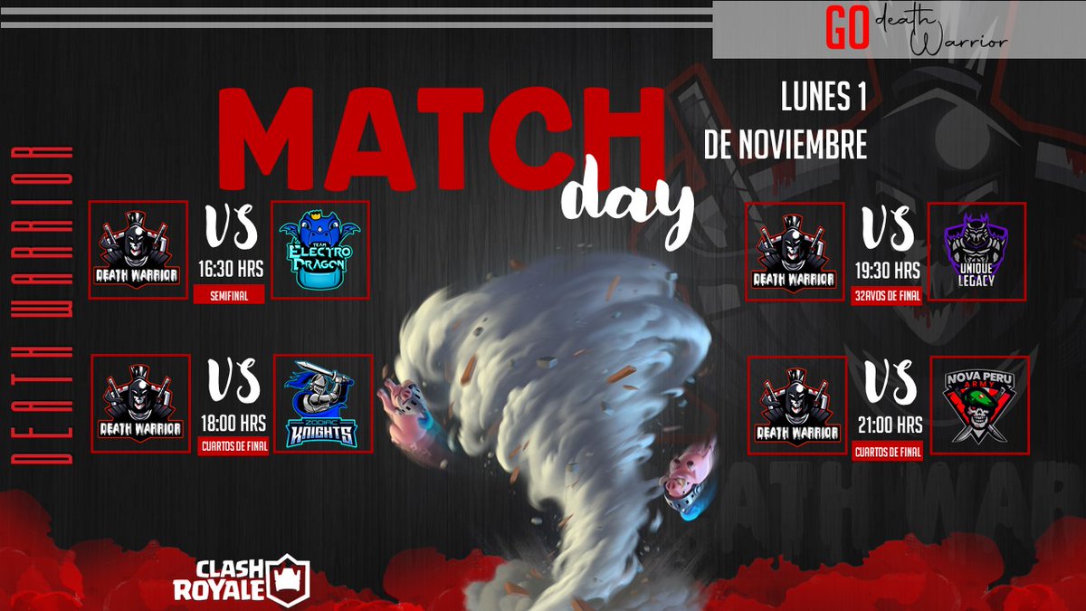 #CR | MATCH DAY 

Con todo 💀🔥

🏆|<a href="/DCC_Open/">Diamond Challenger Cup</a> 32 [Semifinal]
🆚|<a href="/CRElectroDragon/">Team Electro Dragon</a>
⏰|16:30 🇵🇪

🏆|<a href="/DCC_Open/">Diamond Challenger Cup</a> 54 [4tos]
🆚|<a href="/ZodiacKnightsCR/">Zodiac Knights</a>
⏰|18:00 🇵🇪

🏆|@OriginnewsC [32avos]
🆚|<a href="/UniqueLegacyCR/">Unique Legacy</a>
⏰|19:30 🇵🇪

🏆|<a href="/CupLeonesLE/">Leones Cup</a> [4tos]
🆚|<a href="/NOVAPERARMY1/">NPA™️🇵🇪</a>
⏰|21:00 🇵🇪

#GoDW
🎨 | <a href="/CaveQs/">QS I Cave</a>
