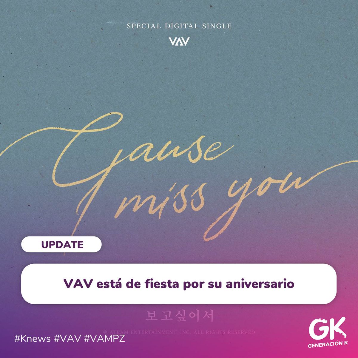 kpopradiopy's tweet photo. Notifandom📲

🎉Feliz 6to aniversario a VAV✨

🎈¡El 31 de octubre VAV cumplió su 6to año de debut! Y como siempre, el grupo está lleno de sorpresas. El día del aniversario lanzaron un single "Cause I Miss You" que el líder St.Van escribió y compuso especialmente para VAMPZ.💖 https://t.co/ehIUn4a3KK