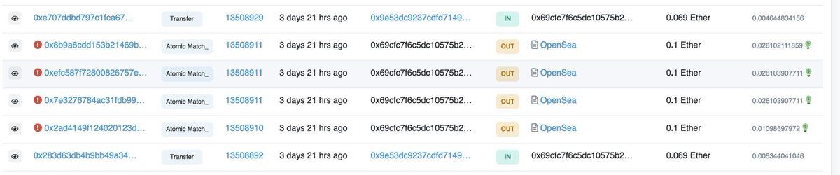 MasterFuruNFT's tweet photo. @nycctm hey nycctm looks like you were refunded. check the two in transactions at https://t.co/iLTlYiLWK6 for 0.069 eth twice.

those were the refund tranasctions for the two nfts you bought. see the screenshot (look at the green ins). sorry for the confusion but were refunded https://t.co/jguS2fl51U
