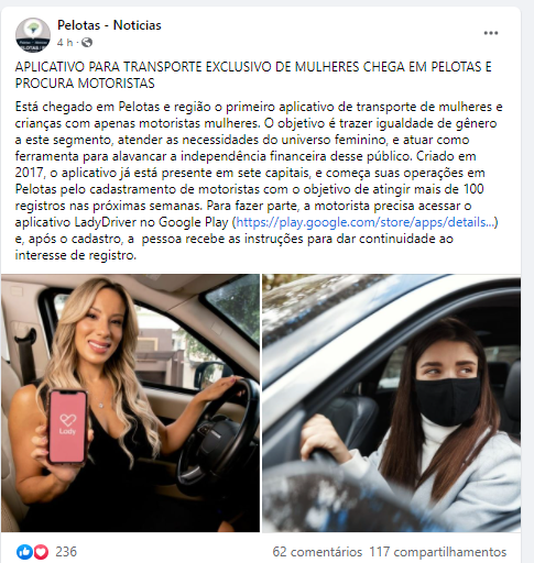 uffizicom's tweet photo. A chegada do Lady Driver, app de transporte para mulheres e cliente Uffizi, teve repercussão em alguns dos principais veículos de comunicação da cidade de Pelotas https://t.co/f2uaELyWmR