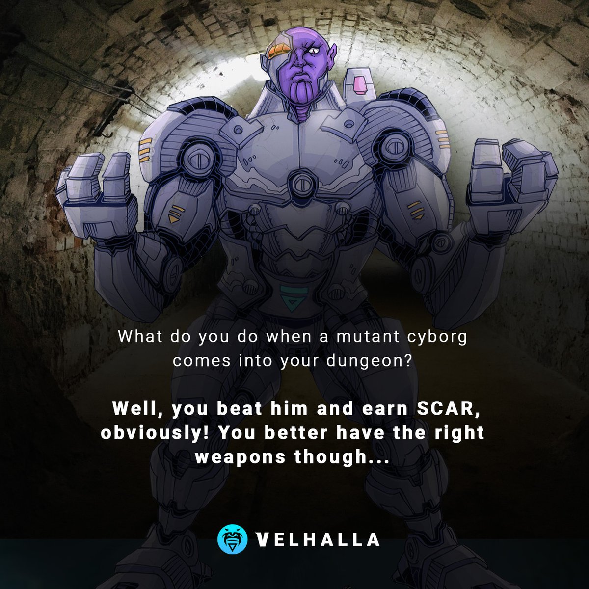 ScarQuest's tweet photo. Everyone's brave until there's a mutant cyborg storming into your dungeon 😨

Only the strong and cleaver will trimph and earn $SCAR 💰

Lose and you shall perish 💀

What does fate have in store for you? 🤨

#velhalla #nft #games #velas #bluezilla #metaverse #gamezone #velaspad https://t.co/ZA2gETP9rg