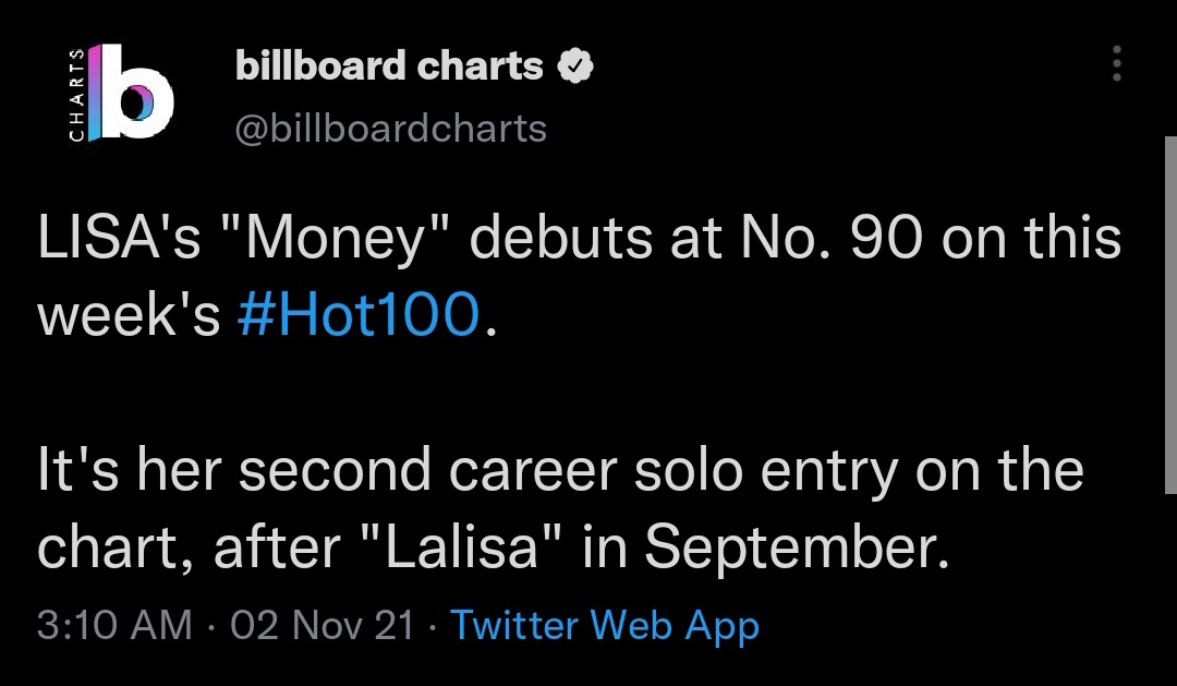 LISANATIONS_'s tweet photo. Congratulations LISA 😭💛 We are very very proud of you! 

MONEY HOT100 DEBUT https://t.co/jzyN1kRG3H