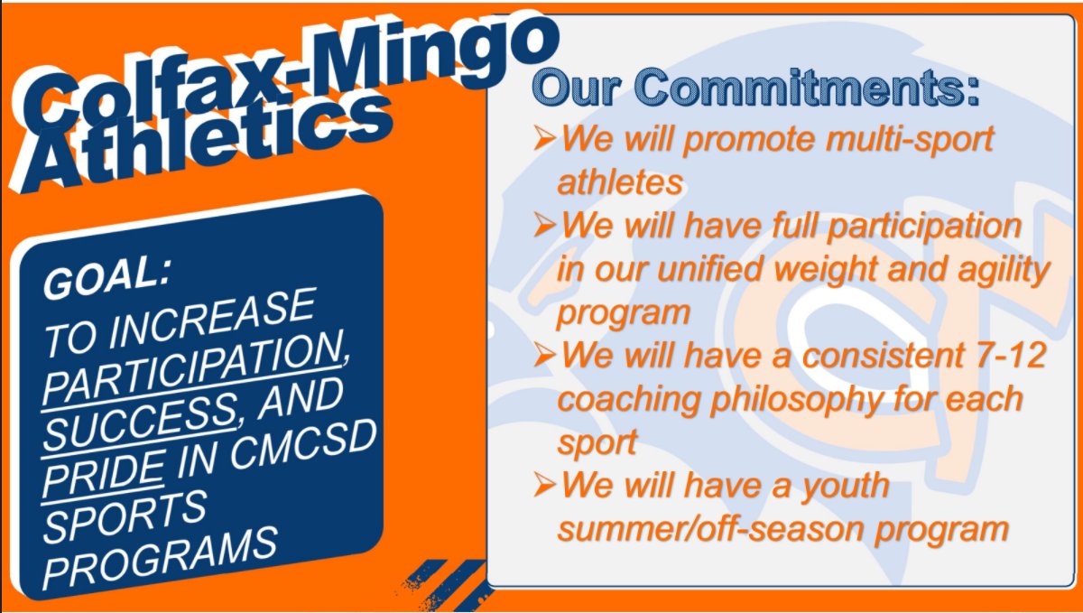 Meeting reminder to CM parents and community members that want to see our youth sports participation and overall success increase!  
Youth Sports and Volunteer Meeting is Tuesday night at 6 pm in the HS Cafeteria.   Pizza provided!
#WeAreCM  #TigerhawkCountry <a href="/CM_Activities/">Colfax-Mingo Activities</a>