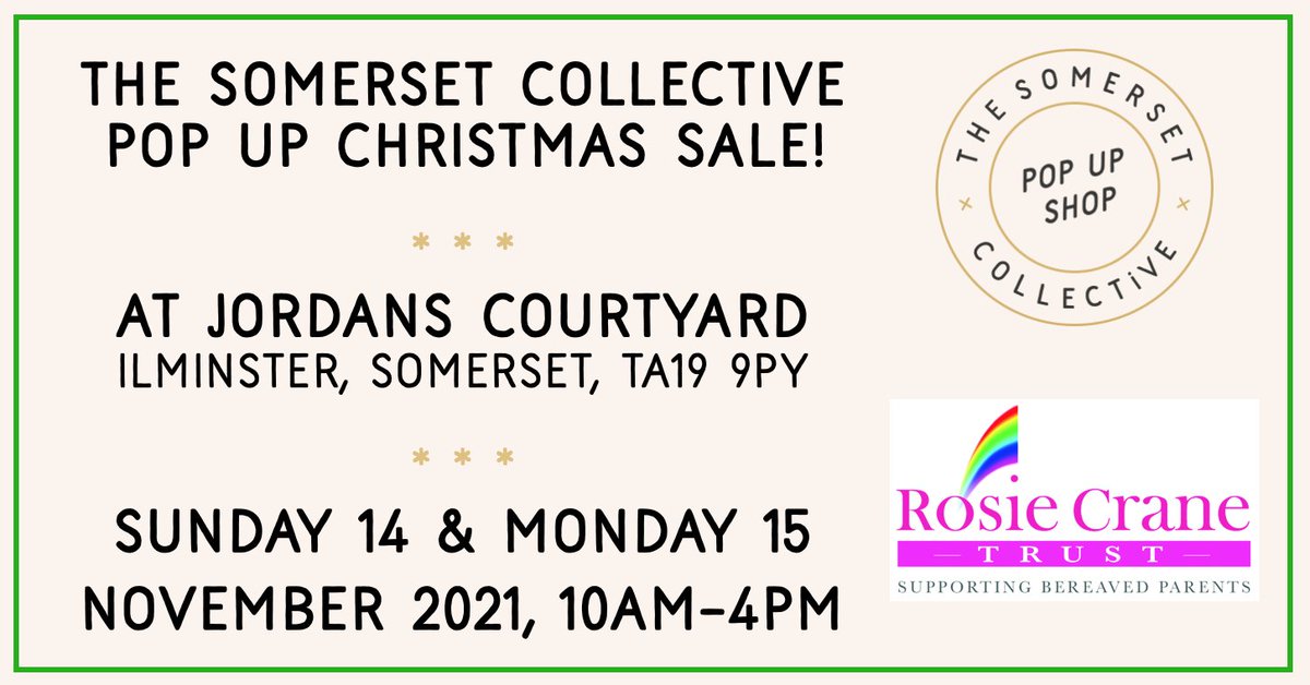 Our 1st pop up is at the end of next week! Come to Jordans Courtyard on 14 &amp; 15 Nov, just off the A303 and the A358 by Ilminster. 30 south west businesses will be selling their wares &amp; donating 10% to Rosie Crane Trust, supporting bereaved parents. thesomersetcollective.co.uk/JORDANS-COURTY…