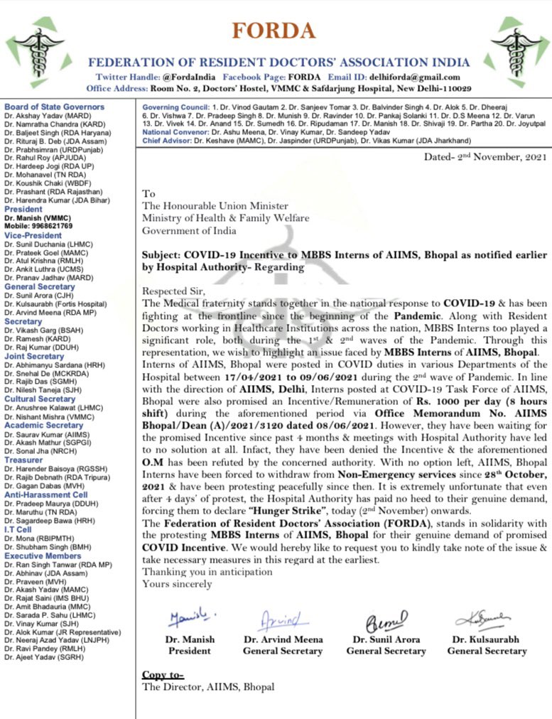 FordaIndia's tweet photo. In support of #MBBSInterns of @AIIMSBhopal protesting for their genuine demand of promised #COVIDIncentive, #FORDA requests Hon’ble @mansukhmandviya Sir to take necessary measures in this regard at the earliest @MoHFW_INDIA @DghsIndia @DirectorAtAIIMS @internsaiimsbpl @ANI @ndtv https://t.co/Vf0DugD3r1