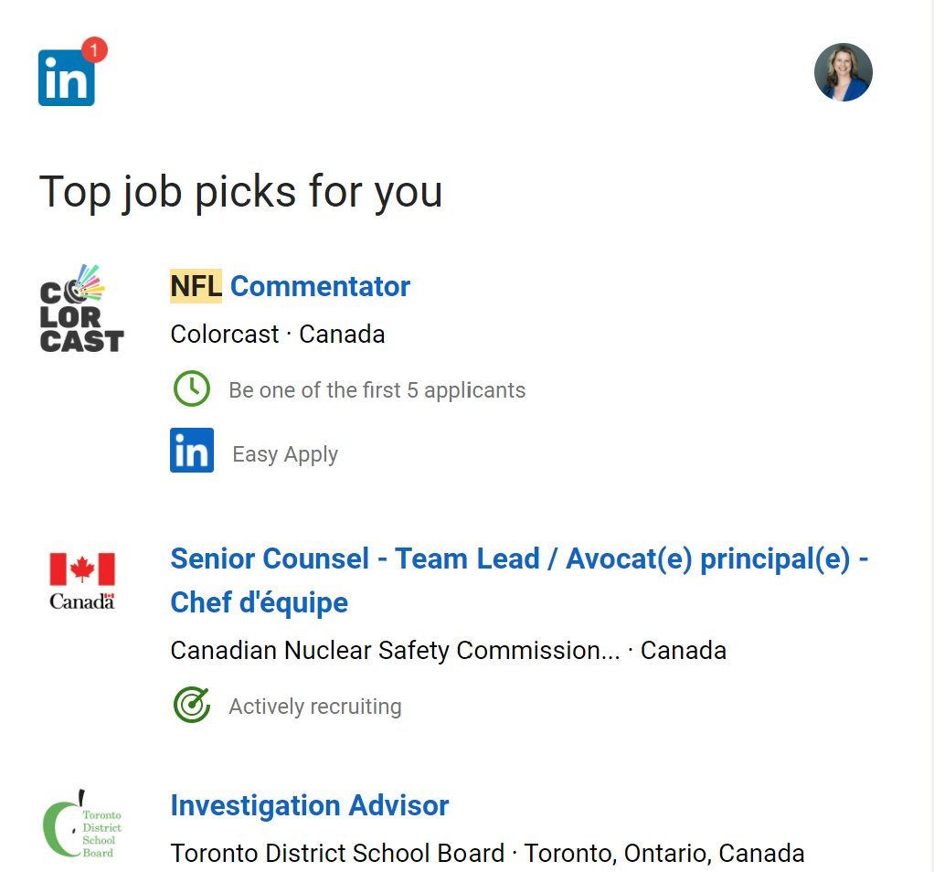 Cowlingerin's tweet photo. Wondering what part of my @LinkedIn profile makes them think "NFL Commentator" is a "Top Job Pick" for me.....๐ค
#AmIDoingThisWrong https://t.co/gJcLxTXUsj