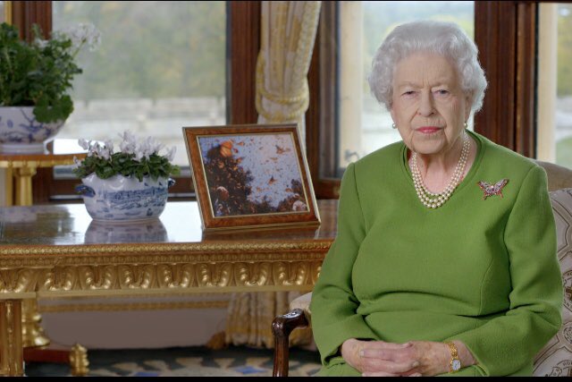 RoyaNikkhah's tweet photo. THE QUEEN'S #Cop26 SPEECH is full of emotion, paying tribute to the green activism of "my dear late husband" with her joy at Charles and William taking it forward: "I could not be more proud of them."  And a poignant nod to her advancing years: "We none of us will live forever." https://t.co/KiHurjSHmk