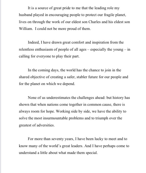 RoyaNikkhah's tweet photo. THE QUEEN'S #Cop26 SPEECH is full of emotion, paying tribute to the green activism of "my dear late husband" with her joy at Charles and William taking it forward: "I could not be more proud of them."  And a poignant nod to her advancing years: "We none of us will live forever." https://t.co/KiHurjSHmk