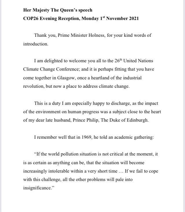 RoyaNikkhah's tweet photo. THE QUEEN'S #Cop26 SPEECH is full of emotion, paying tribute to the green activism of "my dear late husband" with her joy at Charles and William taking it forward: "I could not be more proud of them."  And a poignant nod to her advancing years: "We none of us will live forever." https://t.co/KiHurjSHmk