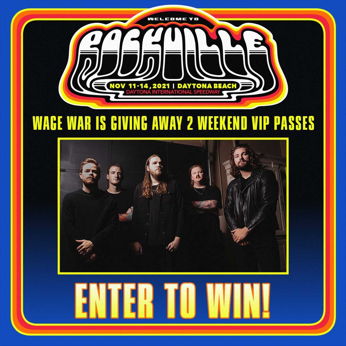 WageWar's tweet photo. 🎫 WAGE WAR GIVEAWAY 🎫

Come see us in Dayona Beach, FL! We’re giving away an autographed WW drumhead, WW T-shirt, and WW wall flag alongside 2 VIP passes to @RockvilleFest.

Contest runs through Sunday, November 7. Enter to win here: https://t.co/oOrl7QD5vQ https://t.co/6z7GzPkMC0