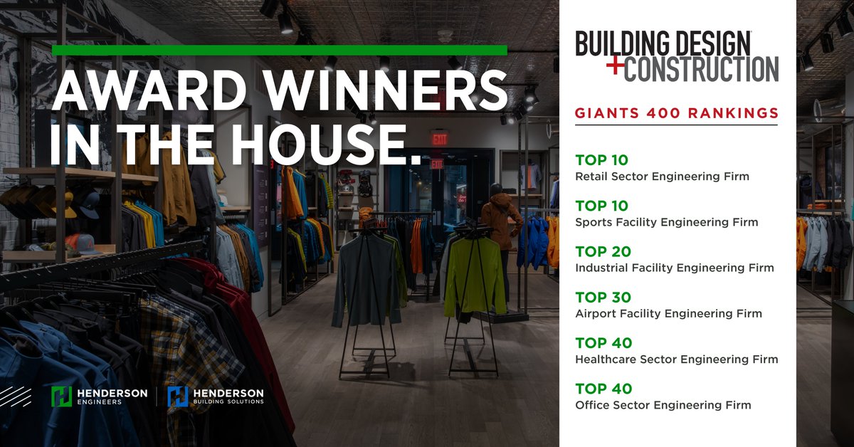 We're thrilled to share that Henderson has been recognized on <a href="/BDCNetwork/">BD+C Media</a>'s 2021 #Giants400 Report as the 11th largest #engineering firm in the U.S., as well as the 18th largest #constructionmanagement &amp; #projectmanagement firm. Kudos, team! 👏👏  bit.ly/3w4CfeX