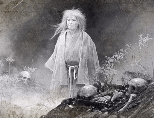 Still from Akira Kurosawa's 1961 Macbeth adaptation "Throne of Blood." White-haired ghostly witch played by Chieko Naniwa dressed in silvery kimono, standing among bones in misty forest.