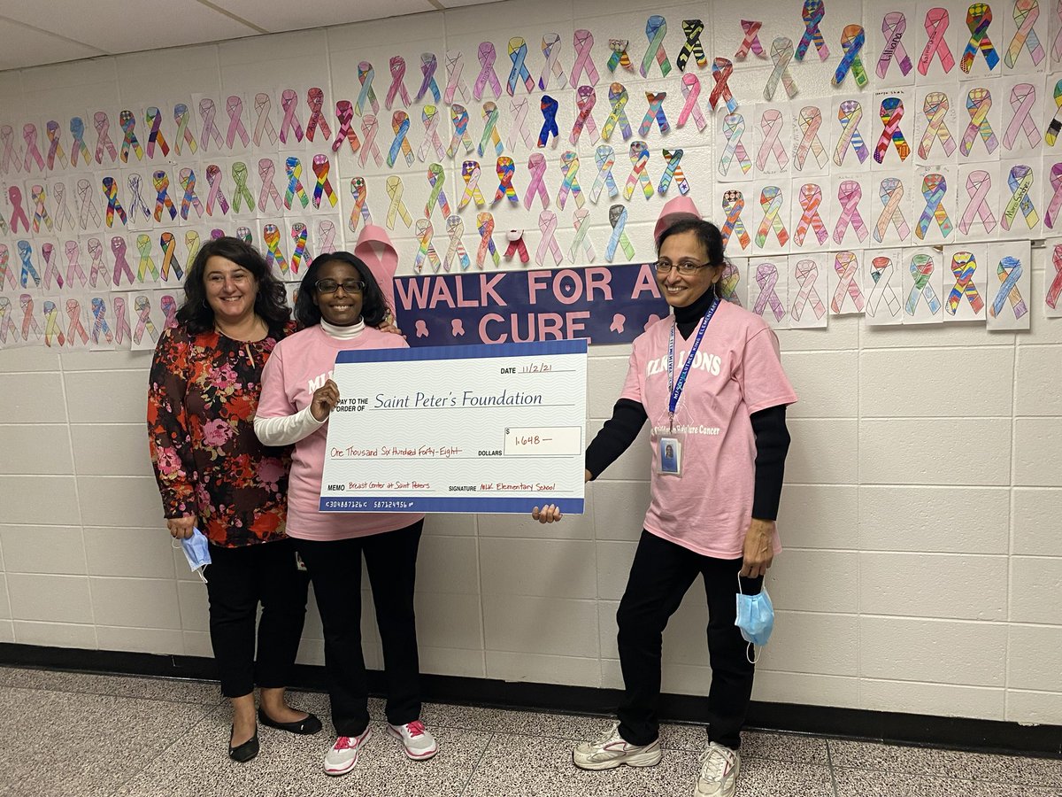 mlk_elementary's tweet photo. A special thank you to Monica Saraiya and Cheryl Jackson for spearheading @mlk_elementary’s fundraising effort for St. Peter’s Foundation and #BreastCancerAwareness! What a beautiful day to walk for a cure!    #shinebrightedison #mlkspirit #mlkpride #bluelions 💙🦁💗 https://t.co/5fRAtIFMS9