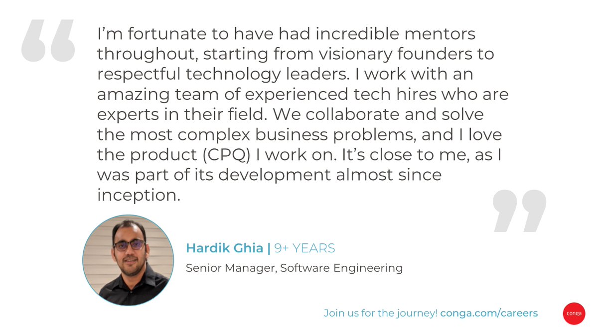 LifeAtConga's tweet photo. Hardik says that he's "very optimistic and excited to see the next phase of Conga as a LEADER in Revenue Operations." It's one of the many reasons he's stayed with the company for almost a decade. #Conganeer https://t.co/gS95HYYWRU