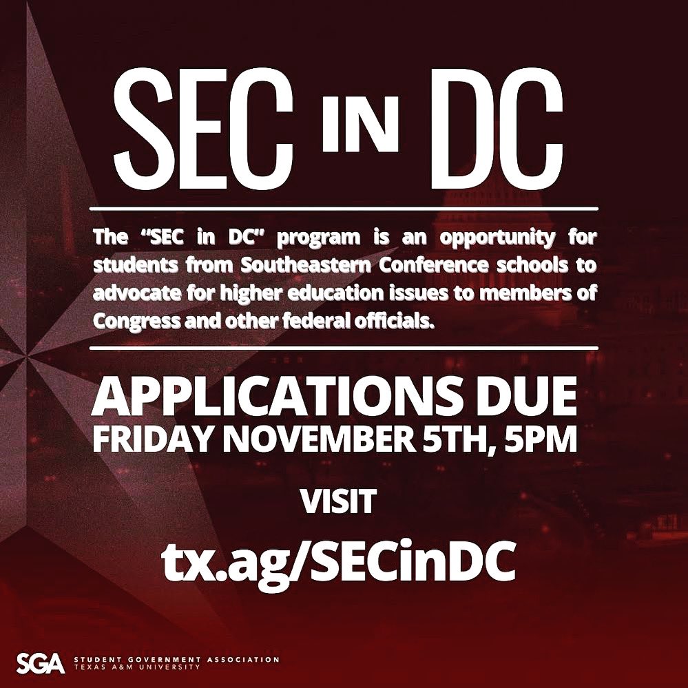 tamu_sga's tweet photo. Want to learn about advocacy on a NATIONAL LEVEL? Legislative Relations has an opportunity for you! π€©π
This is a great chance for any student wanting to learn about public policy and how it pertains to higher education. β¨
#TAMUSGA #SECinDC https://t.co/8RtsxEmwVD