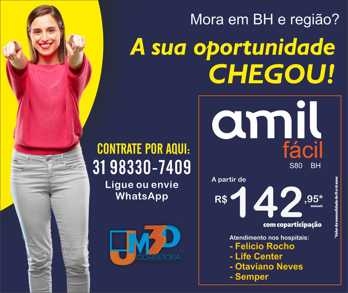 CHEGOU AMIL FÁCIL - PARA VOCÊ QUE ESTÁ EM BELO HORIZONTE E REGIÃO!
.
Amil Fácil S80 BH - Um plano acessível, com  mensalidades a partir de R$ 142,95  mensais.
JM3D 
 📞31 - 3234-7370
📲31 - 98330-7409 - wpp
 📧comercial@jm3dcorretora.com.br
🌐jm3dcorretora.com.br