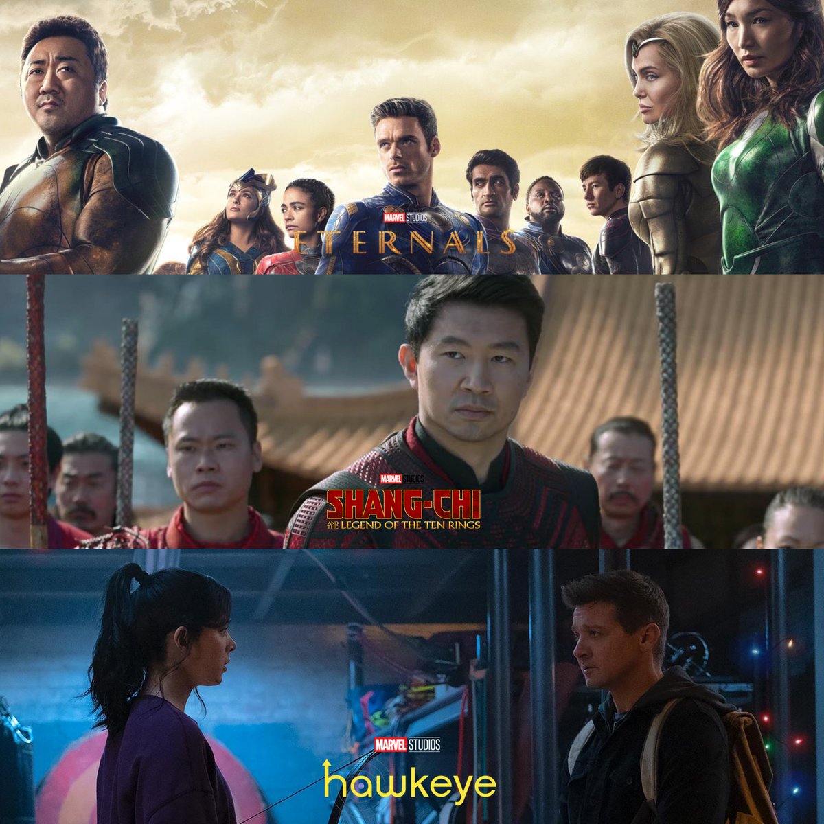¡Los estrenos de Marvel Studios para noviembre en cines 📽y #DisneyPlus 📺!

🗓 5/11 #Eternals 📽
🗓 12/11 #ShangChi 📺
🗓 24/11 #Hawkeye 📺