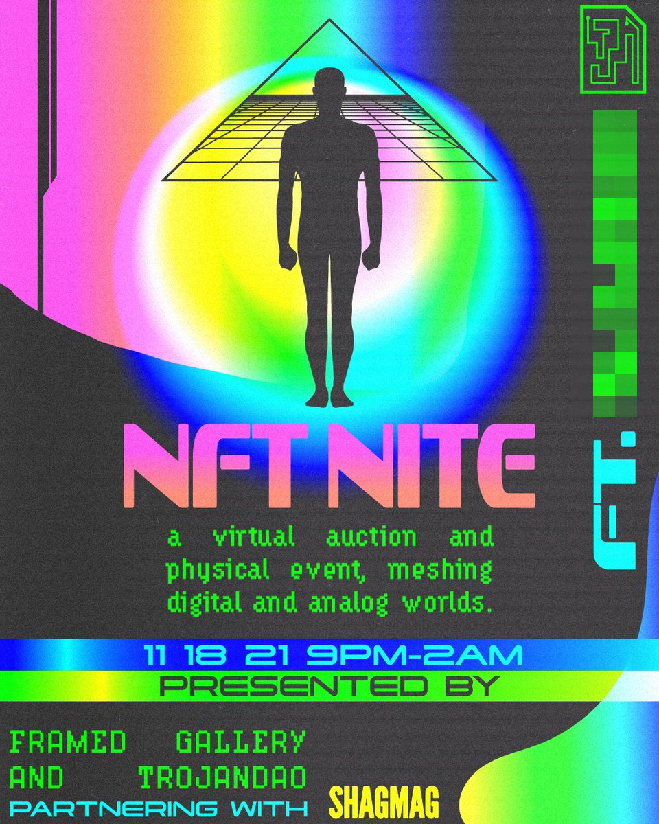 framedgllry's tweet photo. Framed Gallery and Trojan DAO present NFT Nite- a virtual auction and physical event. Join us on November 18th from 9pm-2am in DTLA to enjoy NFTs, an open bar and music from a special DJ to be announced soon. Get your Early Bird tickets now! https://t.co/UqMzn7KcFa